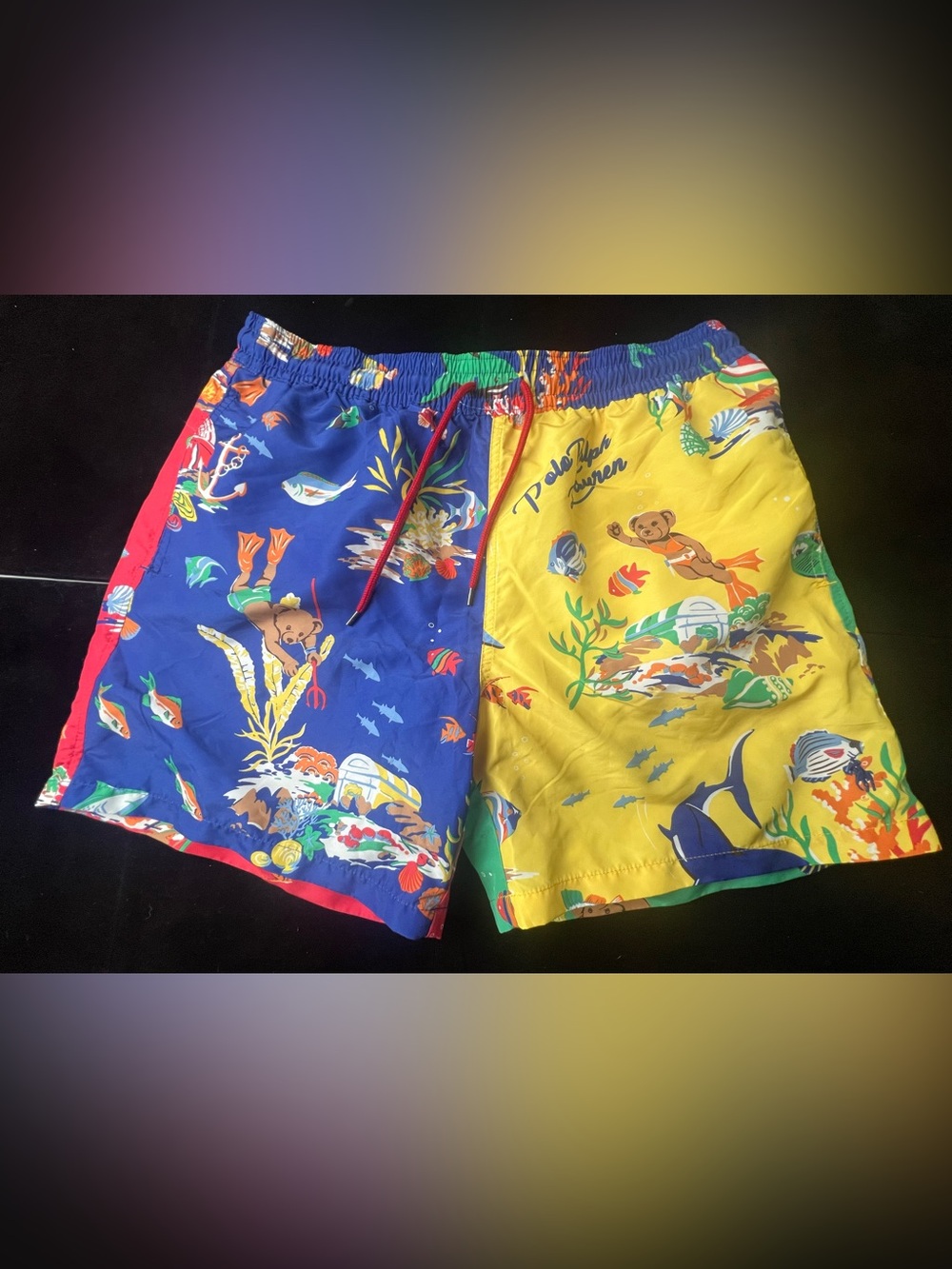 Ralph Lauren Blue and Yellow Board Shorts Vibrant Tropical Design